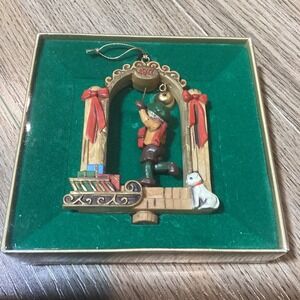 Hallmark Tree Trimmer Collection 1977 Christmas Ornament Elf with Dog and Sleigh